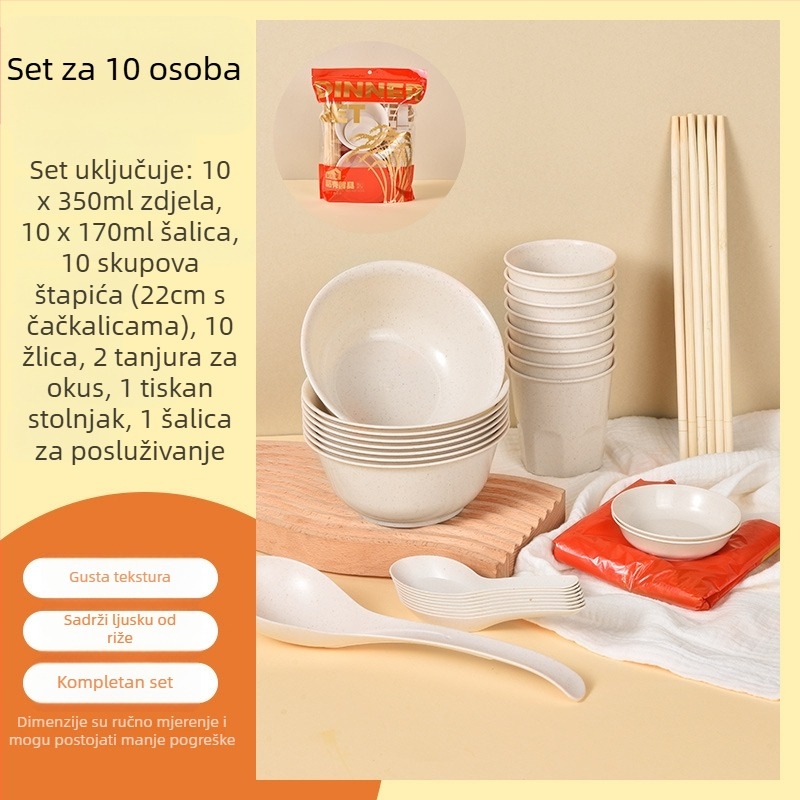 Jednokratni plastični set posuđa s okruglim zdjelama i štapićima za jelo, za 8-10 osoba, pakiranja 10/30/60