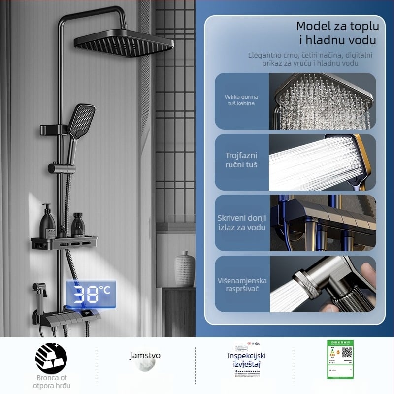 Cijeli set tuša sa skrivenom ugradnjom, digitalni prikaz temperature, regulacija temperature, okrugla tuš glava, radna temperatura 0-55°C