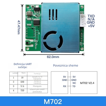7-u-1 senzor modul za kvalitetu zraka: CO2, formaldehid, PM2.5/PM10, TVOC, temperatura i vlaga; RS485/UART sučelje; elektrokemijski senzor