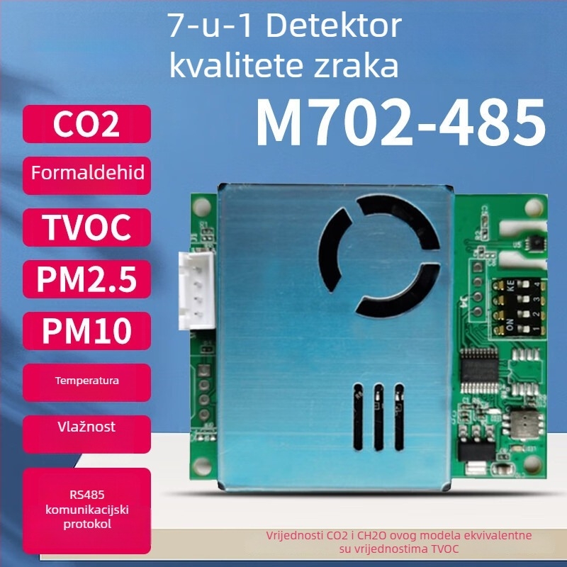 7-u-1 senzor modul za kvalitetu zraka: CO2, formaldehid, PM2.5/PM10, TVOC, temperatura i vlaga; RS485/UART sučelje; elektrokemijski senzor
