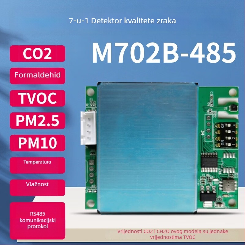 7-u-1 senzor modul za kvalitetu zraka: CO2, formaldehid, PM2.5/PM10, TVOC, temperatura i vlaga; RS485/UART sučelje; elektrokemijski senzor