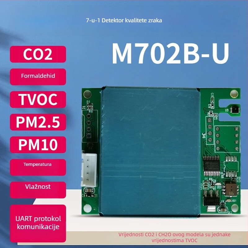 7-u-1 senzor modul za kvalitetu zraka: CO2, formaldehid, PM2.5/PM10, TVOC, temperatura i vlaga; RS485/UART sučelje; elektrokemijski senzor