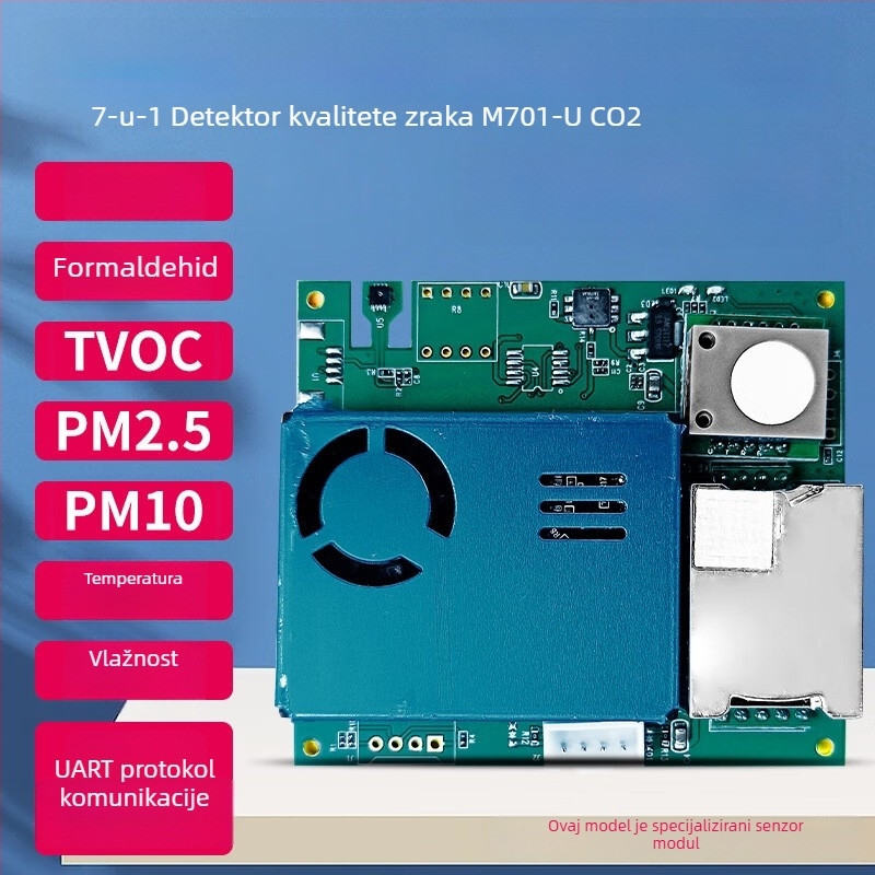 7-u-1 senzor modul za kvalitetu zraka: CO2, formaldehid, PM2.5/PM10, TVOC, temperatura i vlaga; RS485/UART sučelje; elektrokemijski senzor