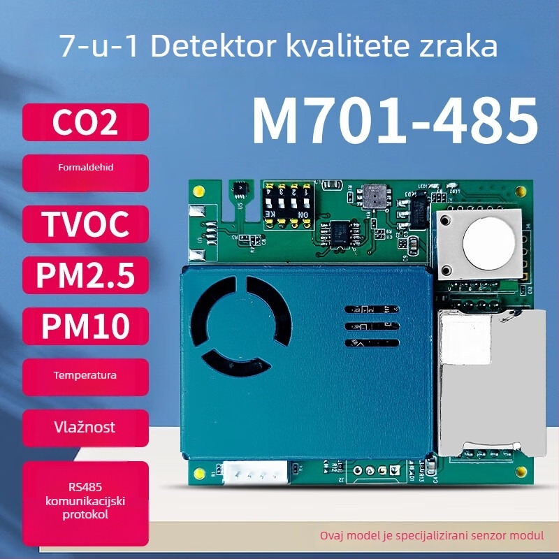 7-u-1 senzor modul za kvalitetu zraka: CO2, formaldehid, PM2.5/PM10, TVOC, temperatura i vlaga; RS485/UART sučelje; elektrokemijski senzor