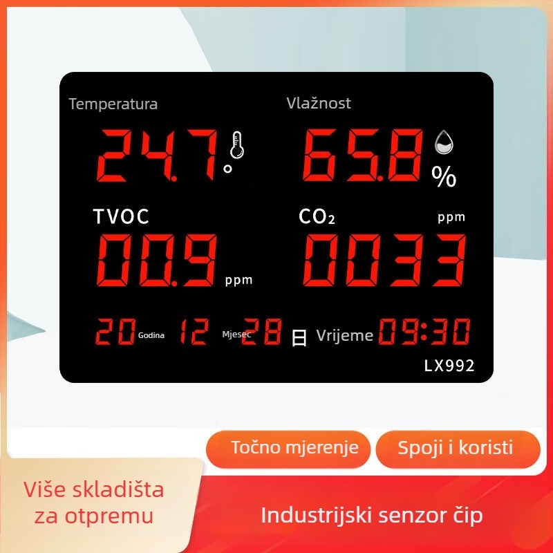 Unutarnji mjerač kvalitete zraka s temperaturom, vlagom, CO2, formaldehidom i PM2.5 detektorom