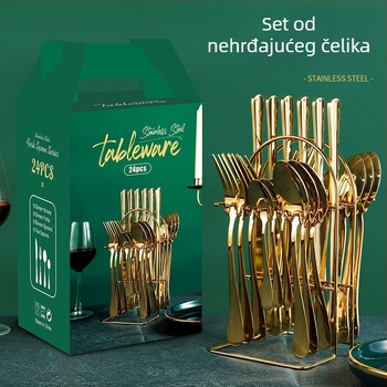 Set pribora od nehrđajućeg čelika, 24-djelni, s pozlaćenjem i držačem za pohranu (410 nehrđajući čelik; 6 noževa, 6 vilica, 6 žlica, 6 čajnih žličica; ogledni završni sloj; prilagodljivo)