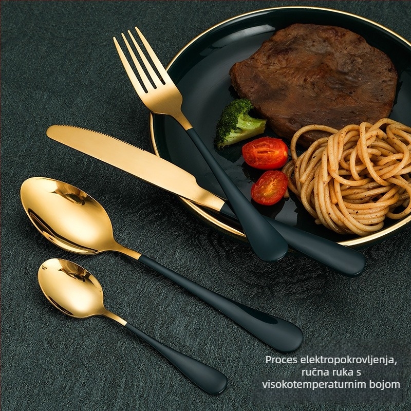 Set pribora od nehrđajućeg čelika, 24-djelni, s pozlaćenjem i držačem za pohranu (410 nehrđajući čelik; 6 noževa, 6 vilica, 6 žlica, 6 čajnih žličica; ogledni završni sloj; prilagodljivo)
