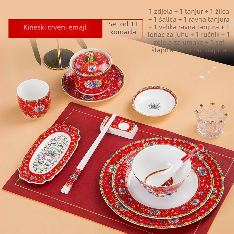 Emalirana misa od porculana s kostima, okruglog oblika, uzorak biljaka i cvijeća, kineski stil (nova chinoiserie), tisak logotipa i prilagodba dostupni