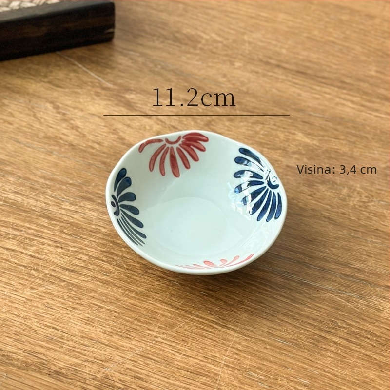Ručno oslikana porculanska posudica za umak s podglazurnim dizajnom, japanski stil, kružnog oblika, motiv biljaka, mogućnost tiska logotipa
