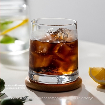 Set od šest stakala za ispiranje usta od borosilikatnog stakla, kružnog oblika, moderan minimalistički stil, otisak logotipa, prilagodljiv