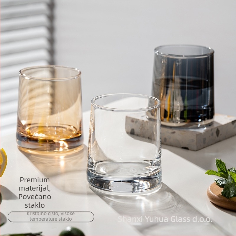 Set od šest stakala za ispiranje usta od borosilikatnog stakla, kružnog oblika, moderan minimalistički stil, otisak logotipa, prilagodljiv