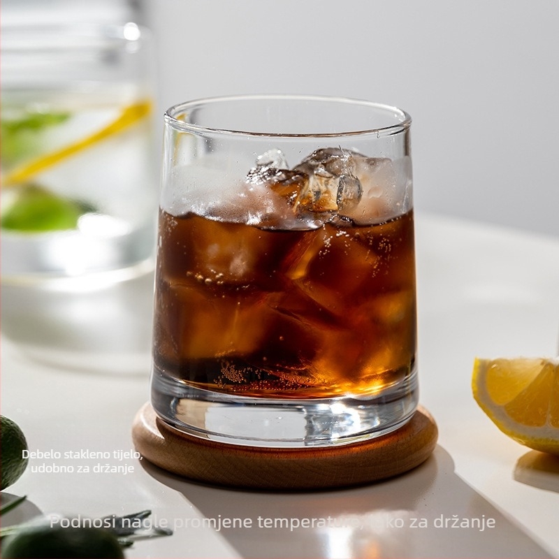 Set od šest stakala za ispiranje usta od borosilikatnog stakla, kružnog oblika, moderan minimalistički stil, otisak logotipa, prilagodljiv