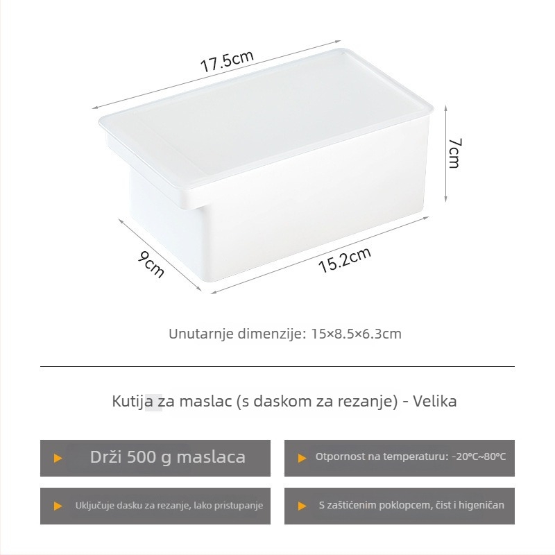 Kutija za rezanje i skladištenje maslaca sa poklopcem, japanskog stila, metalno tijelo, integrirani rezač maslaca (Metalno tijelo; Japanski stil; Integrirani rezač maslaca)