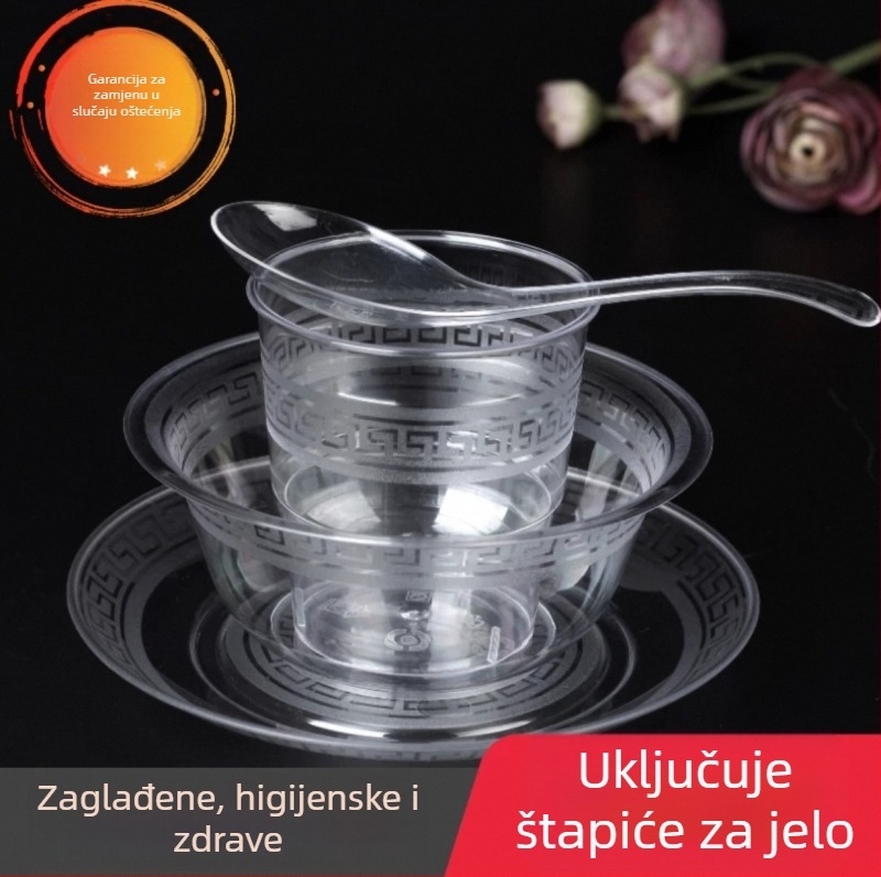 Jednokratni plastični posuđev set: zdjele i štapići, četverodjelni set, okrugle zdjele, otporan na visoke temperature, prehrambene kvalitete