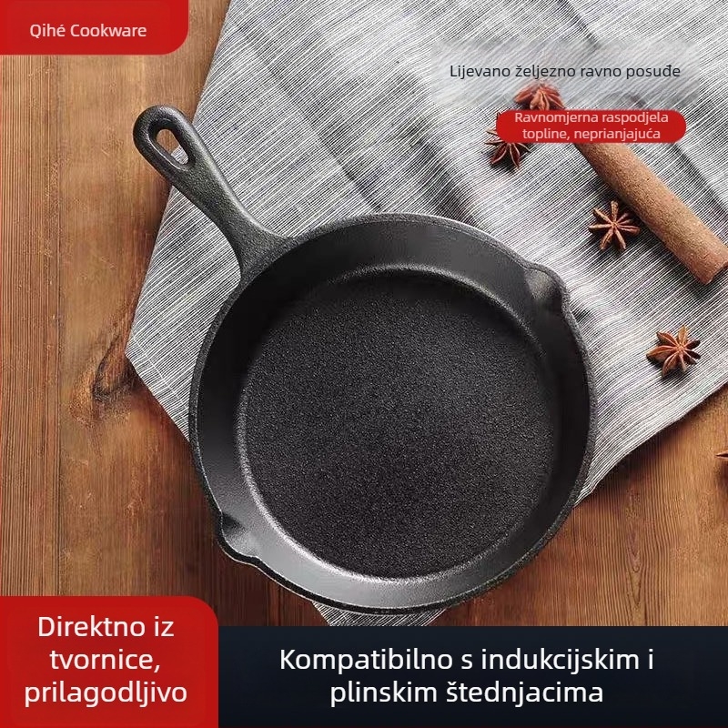 Lijevani ravni tiganj od lijevanog željeza za jaja i palačinke, bez premaza, kompatibilan s plinskim i indukcijskim štednjama, veličine 10/14/16/25 cm