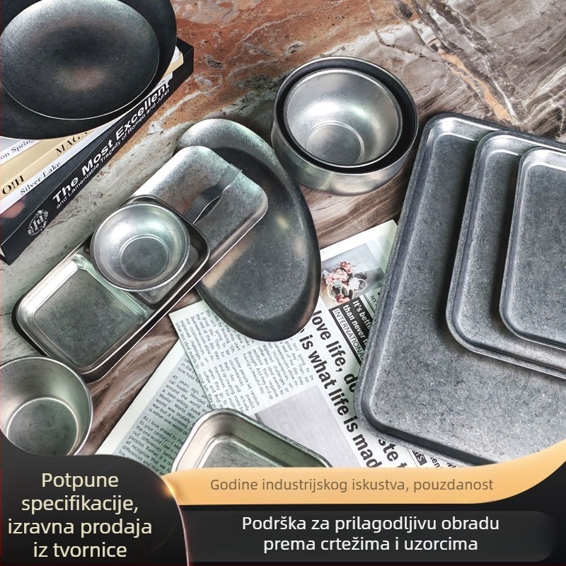 Set posuđa od 304 nehrđajućeg čelika — retro snježna pahulja industrijskog stila; zdjele i tanjuri, zdjele za rižu, juhe, posude za umake; moderna jednostavnost; mogućnost loga