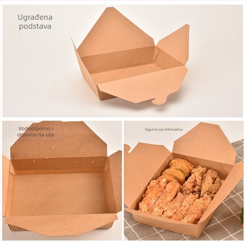 Jednokratna kutija za obrok od kraft papira, pravokutna kutija za dostavu, 200 setova po pakiranju, biorazgradiva, mogućnost prilagodbe i ispisa logotipa