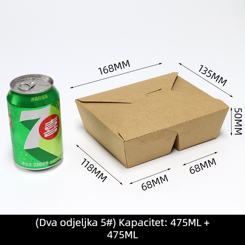 Jednokratna kutija za obrok od kraft papira, pravokutna kutija za dostavu, 200 setova po pakiranju, biorazgradiva, mogućnost prilagodbe i ispisa logotipa