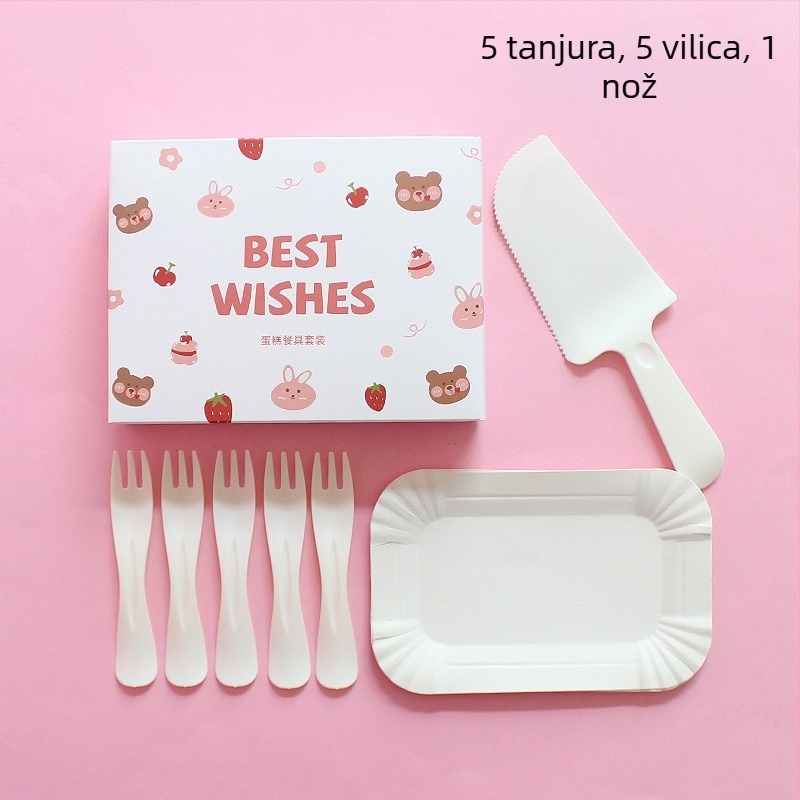 Jednokratni plastični tanjur i pribor s likom crtani medvjedić, u kutiji za zabavu