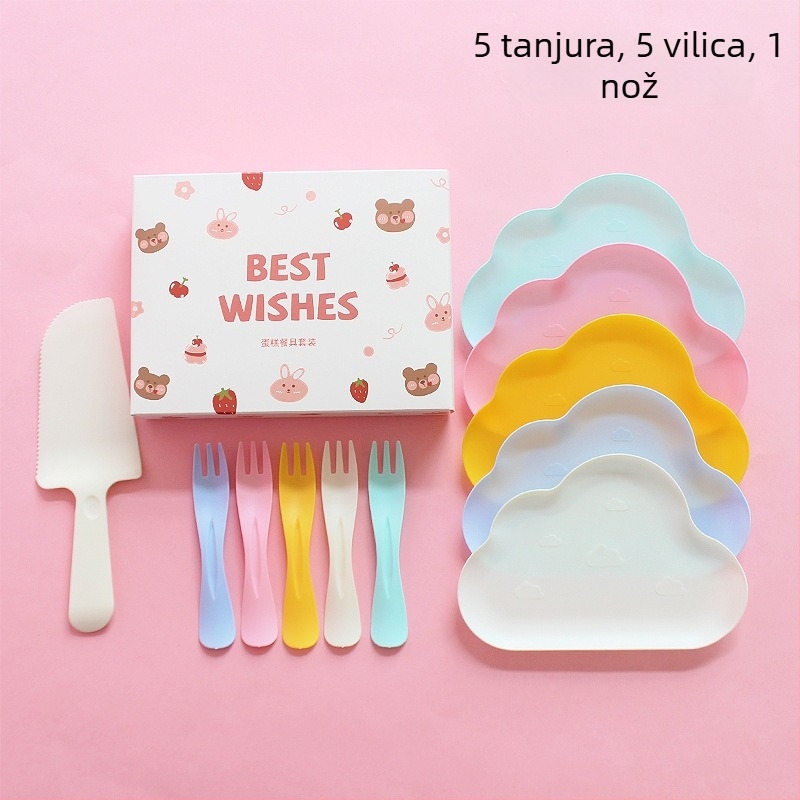 Jednokratni plastični tanjur i pribor s likom crtani medvjedić, u kutiji za zabavu