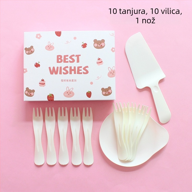 Jednokratni plastični tanjur i pribor s likom crtani medvjedić, u kutiji za zabavu