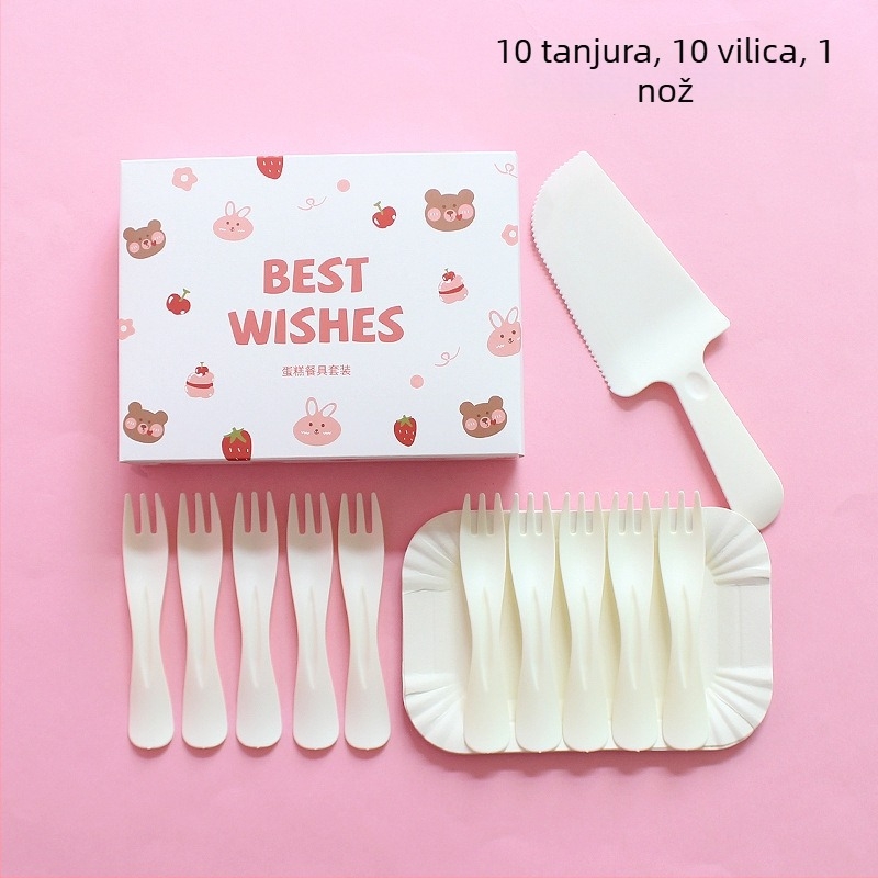 Jednokratni plastični tanjur i pribor s likom crtani medvjedić, u kutiji za zabavu