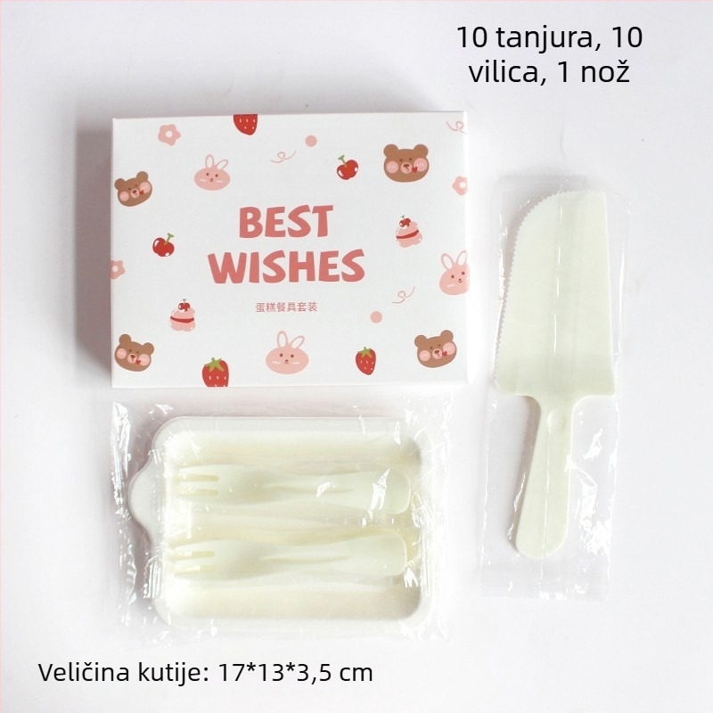 Jednokratni plastični tanjur i pribor s likom crtani medvjedić, u kutiji za zabavu