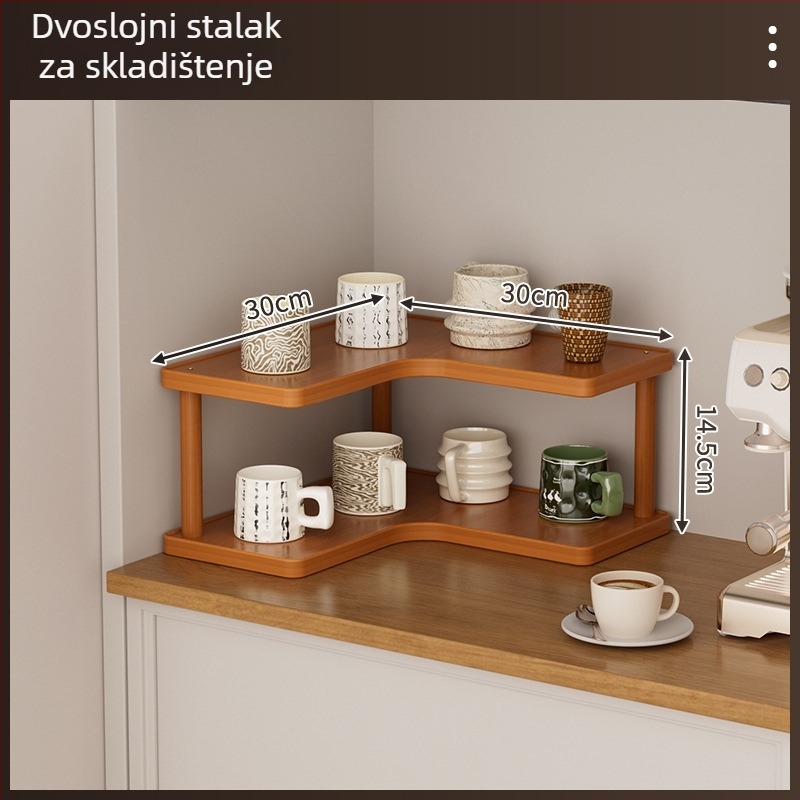 Dvostruki stalak za čaše na stolnoj površini, od bambusa i ploče visoke gustoće, sklopivi, okretni i pomični, organizator za šalice i čajne setove