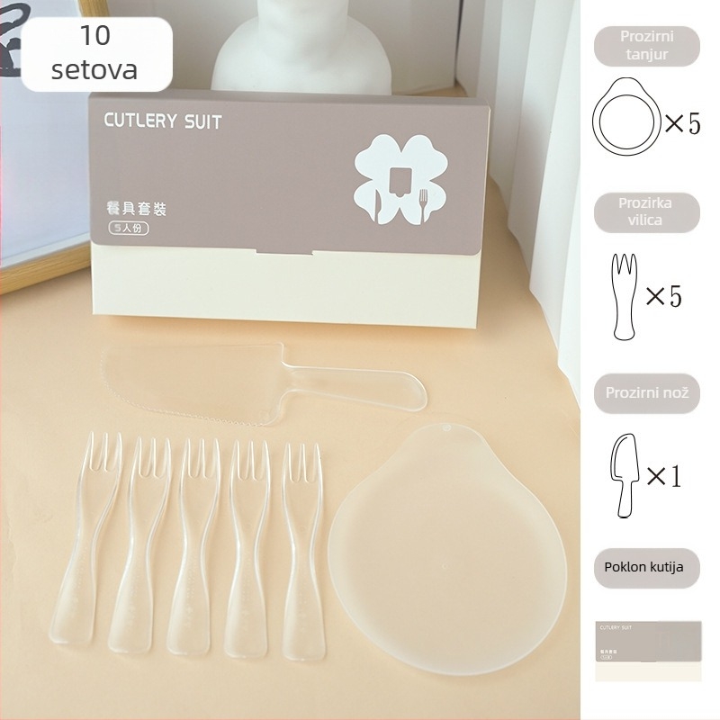 Jednokratni set posuđa za rođendan: nož, vilica, tanjur, kapljica svijeće i rođendanska kapa – pet u jednome u poklon kutiji; plastika sigurna za hranu; prilagodljivo
