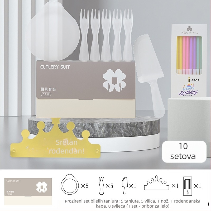 Jednokratni set posuđa za rođendan: nož, vilica, tanjur, kapljica svijeće i rođendanska kapa – pet u jednome u poklon kutiji; plastika sigurna za hranu; prilagodljivo
