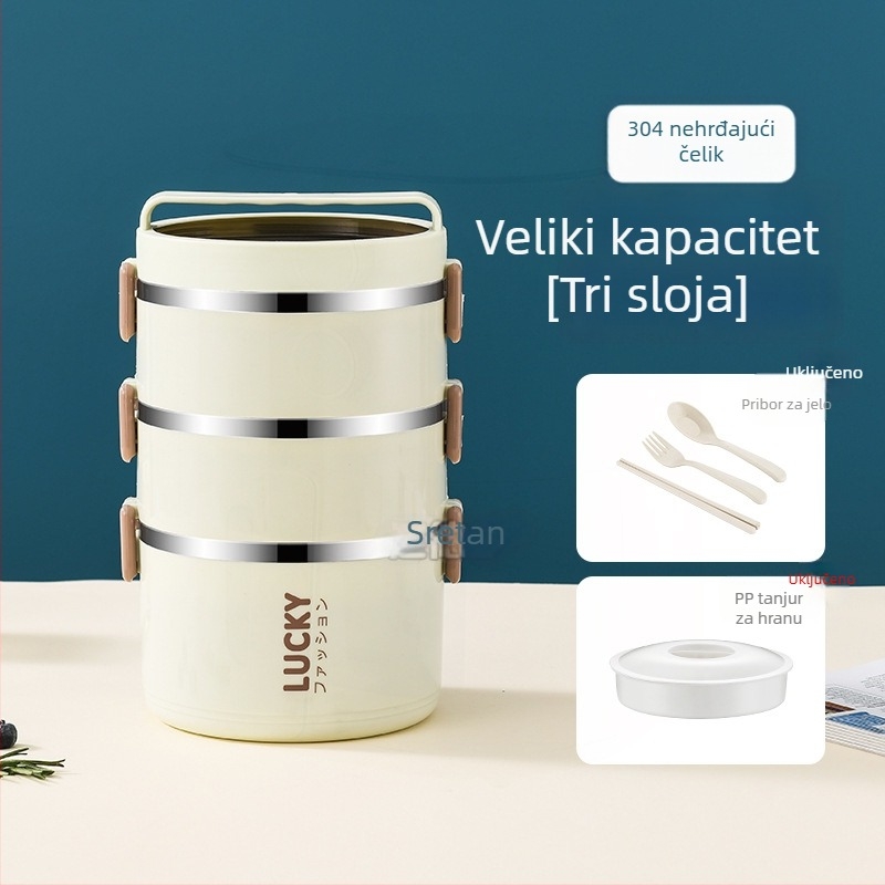 Kutija za ručak od nehrđajućeg čelika 304, cilindrična, kapacitet 1–2 L, višeslojna, za učenike, kompatibilna s mikrovalnom pećnicom