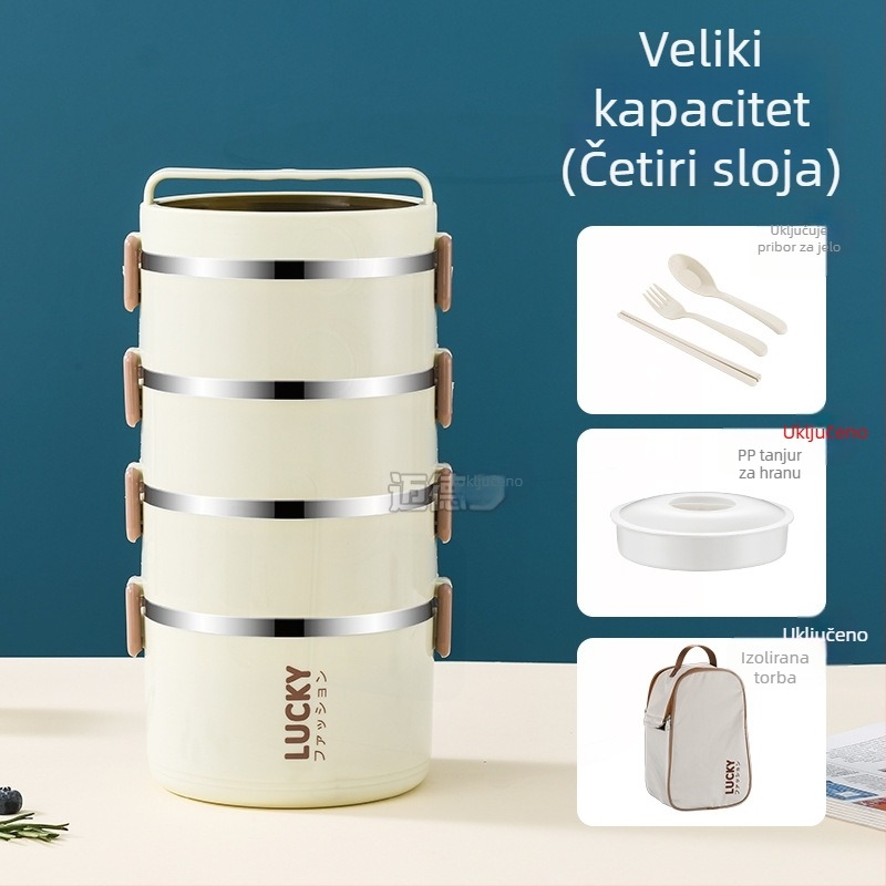 Kutija za ručak od nehrđajućeg čelika 304, cilindrična, kapacitet 1–2 L, višeslojna, za učenike, kompatibilna s mikrovalnom pećnicom