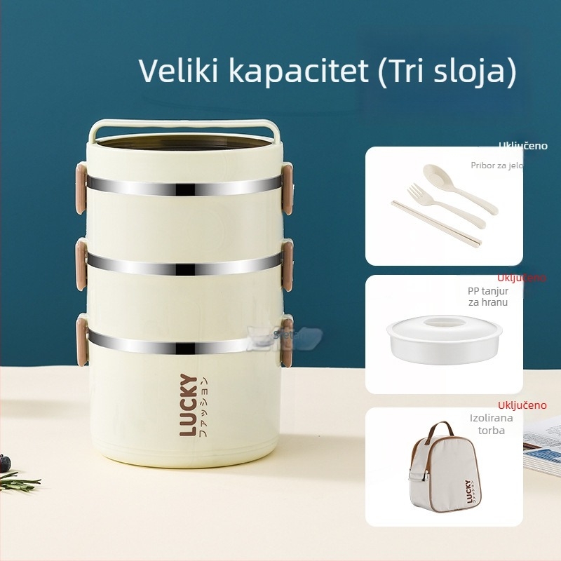 Kutija za ručak od nehrđajućeg čelika 304, cilindrična, kapacitet 1–2 L, višeslojna, za učenike, kompatibilna s mikrovalnom pećnicom
