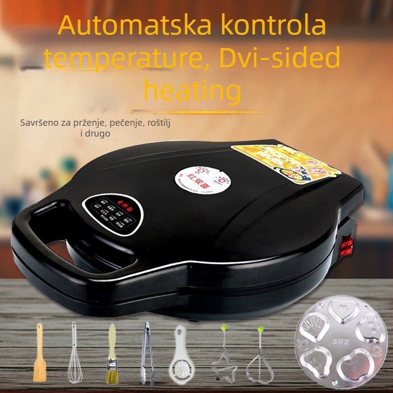 Električno tava za palačinke s dvostrukim grijanjem, promjer 28–32 cm, snaga 1200–1500 W, upravljanje gumbima
