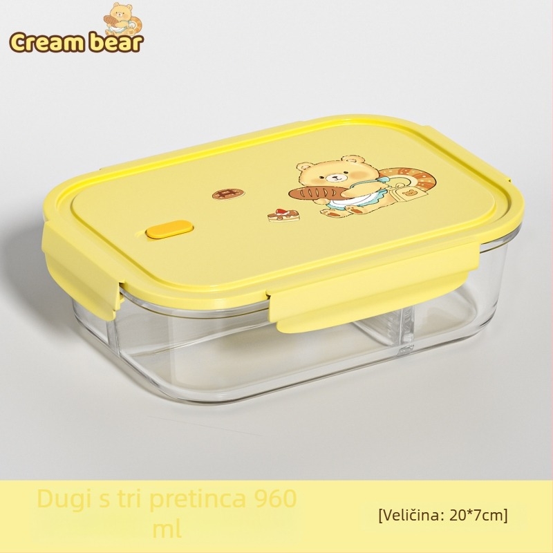 Staklena kutija za ručak s hermetičnim poklopom, mikrotalasna sigurnost, pravokutni oblik, borosilikatno staklo, za obrok i voće, karikatura, 0,3–1,0 L, lagani retro stil
