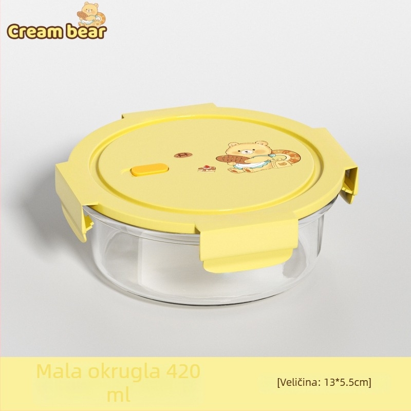 Staklena kutija za ručak s hermetičnim poklopom, mikrotalasna sigurnost, pravokutni oblik, borosilikatno staklo, za obrok i voće, karikatura, 0,3–1,0 L, lagani retro stil