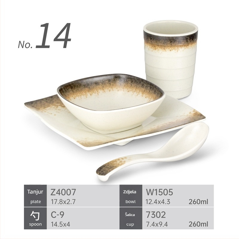 Melamin set od četiri komada posuđa za restorane hot pot – otporan na padove, više uzoraka, površina naljepnica, tiskani logotip