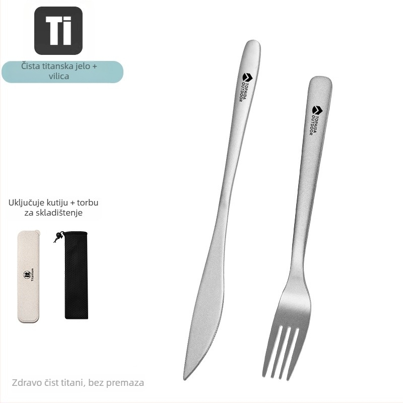 Titanijski set pribora za kampiranje – 4 komada: nož, vilica, žlica i štapići; prijenosno, vanjski stil