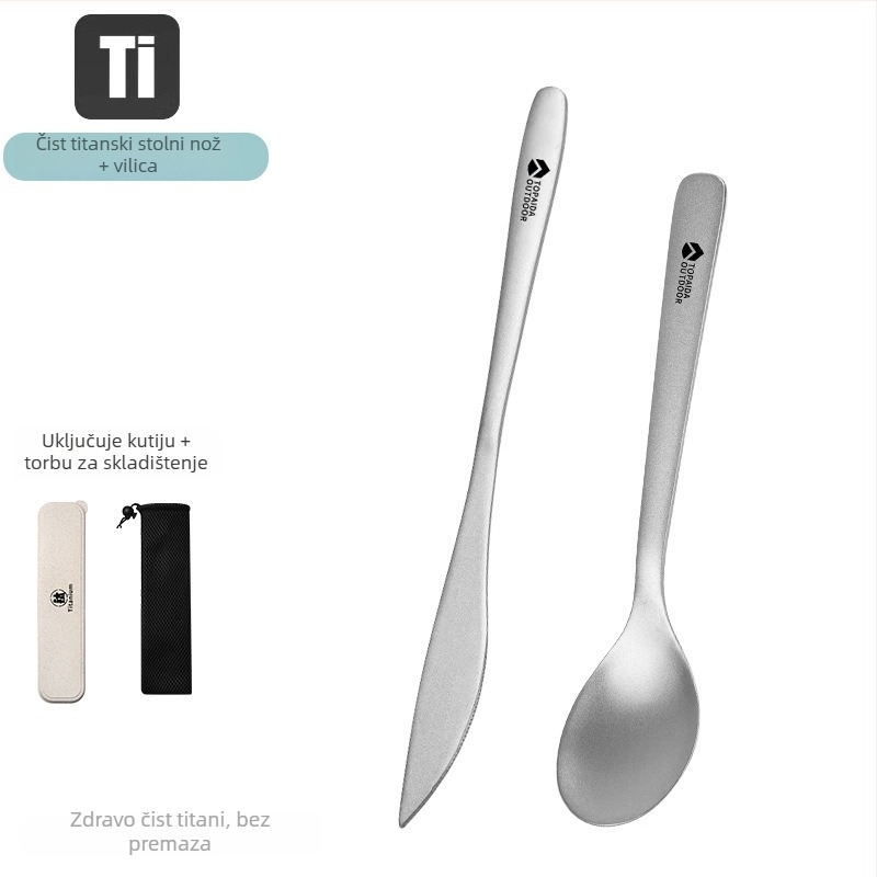 Titanijski set pribora za kampiranje – 4 komada: nož, vilica, žlica i štapići; prijenosno, vanjski stil