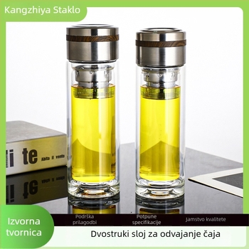 Šalica za čaj od borosilikatnog stakla s odjeljivačem čaja i vode, magnetska, dvostruka izolacija, otisnut logotip