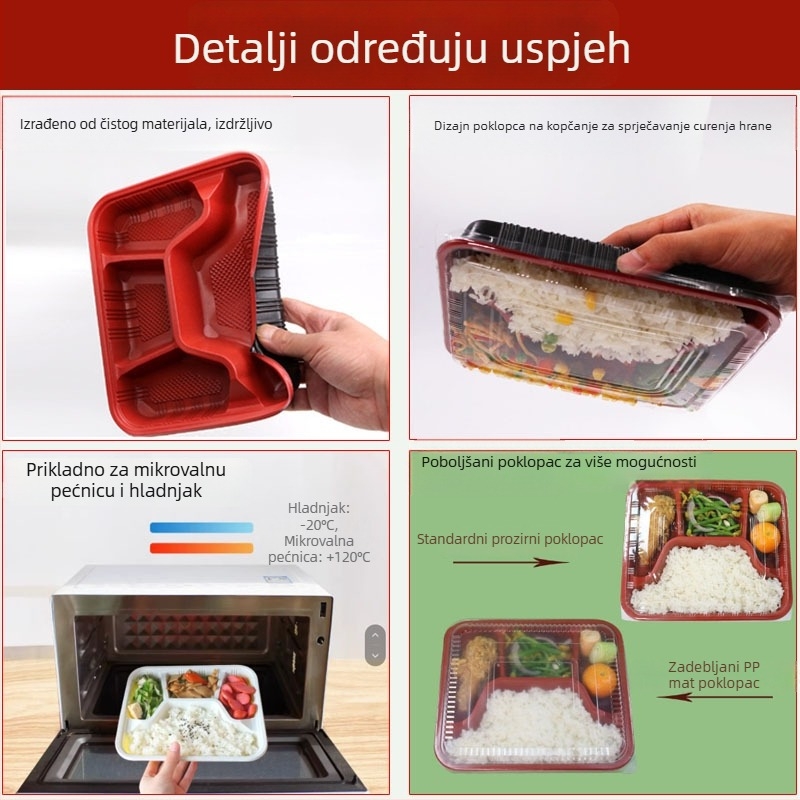 Jednokratna kutija za obrok s četiri ili pet pretinaca, plastika za hranu visoke kvalitete, pravokutna kutija za dostavu