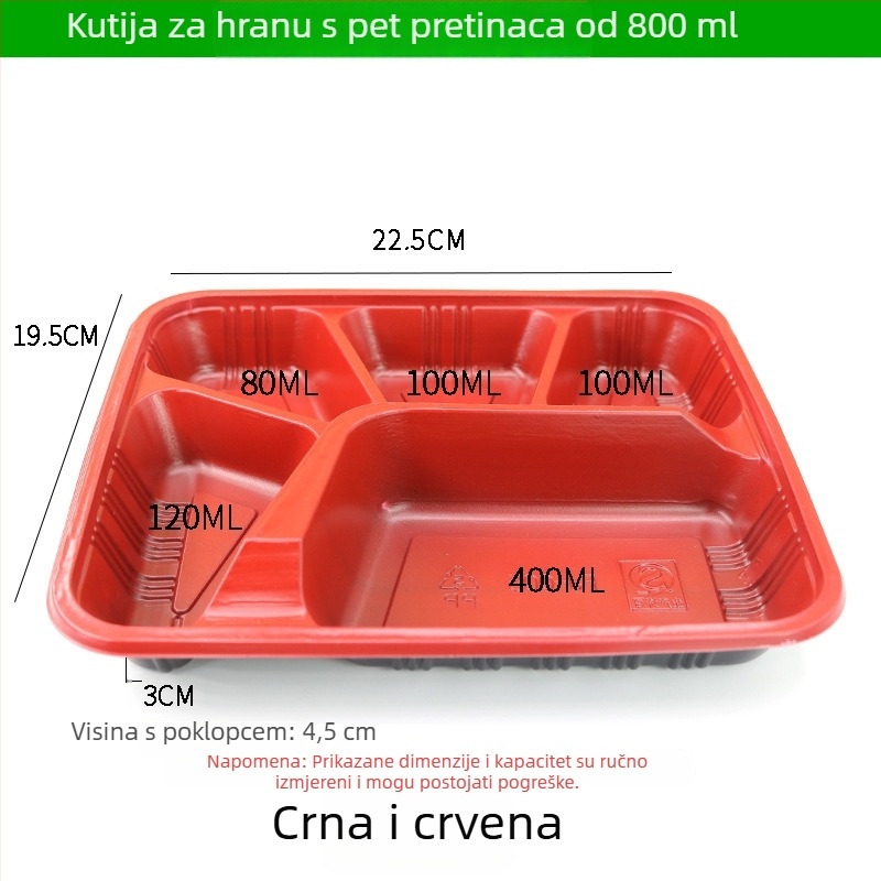 Jednokratna kutija za obrok s četiri ili pet pretinaca, plastika za hranu visoke kvalitete, pravokutna kutija za dostavu