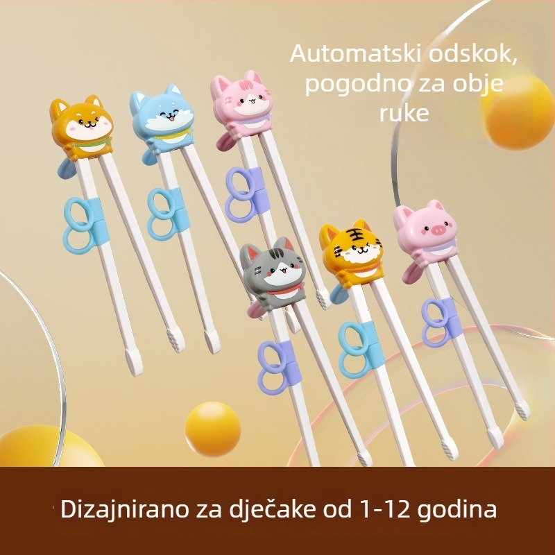 Set za obuku štapića za djecu – dizajn Tiger Mouth, crtani likovi životinja, uključuje žlicu i vilicu, ABS materijal, za uzrast od 12 mjeseci i više