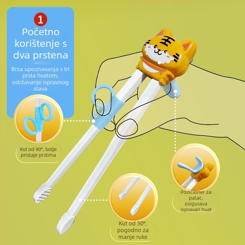 Set za obuku štapića za djecu – dizajn Tiger Mouth, crtani likovi životinja, uključuje žlicu i vilicu, ABS materijal, za uzrast od 12 mjeseci i više
