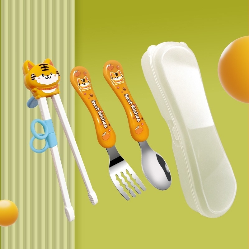 Set za obuku štapića za djecu – dizajn Tiger Mouth, crtani likovi životinja, uključuje žlicu i vilicu, ABS materijal, za uzrast od 12 mjeseci i više