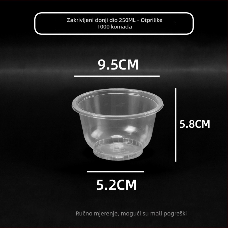 Debela jednokratna plastična kutija za dostavu s zdjelama za kondicioniranje, degustaciju i juhu, prozirna zdjela za ocat; Nije prikladna za mikrovalnu pećnicu; Moguć ispis logotipa; Licenca Guangdongxk16-204-01508