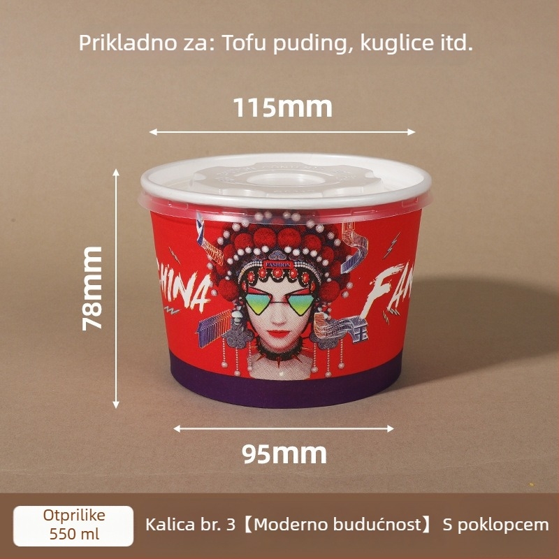 Jednokratna papirnata zdjela s poklopcem, ojačani kružni oblik, tiskani logo, prilagodljiva obrada