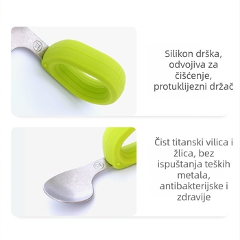 Set pribora za samostalno hranjenje beba: vilica i žlica s zakrivljenim vrhom, silikon/PPSU/nerđajući čelik, 2 komada, za djecu stariju od 6 mjeseci