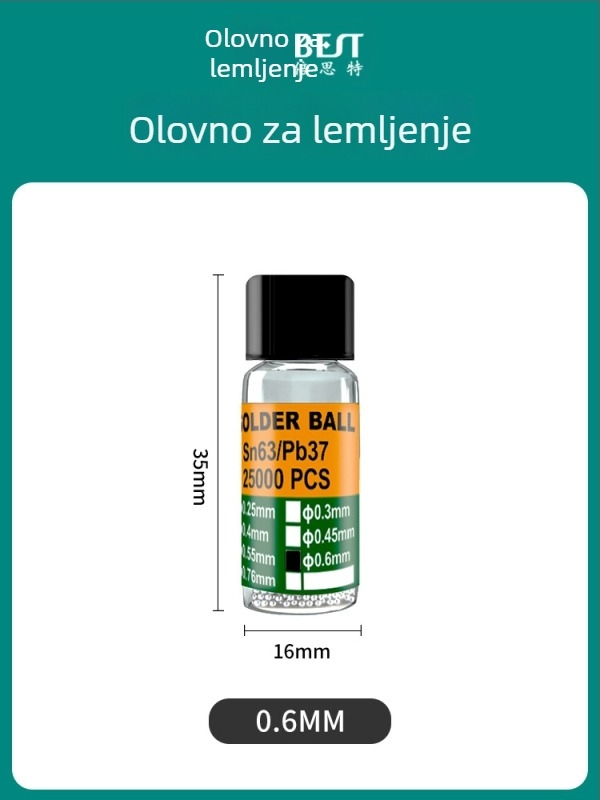 BEST tin kuglice s čvrstim jezgrama 63/37 olovno-tinova zliatina, za lemljenje BGA, niska temperatura, polusferične kuglice, broj marke 0,76