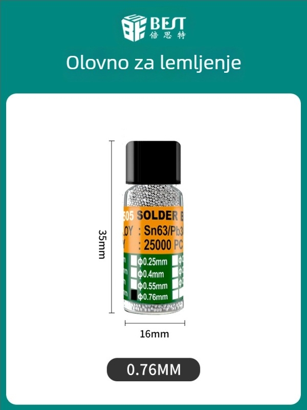 BEST tin kuglice s čvrstim jezgrama 63/37 olovno-tinova zliatina, za lemljenje BGA, niska temperatura, polusferične kuglice, broj marke 0,76